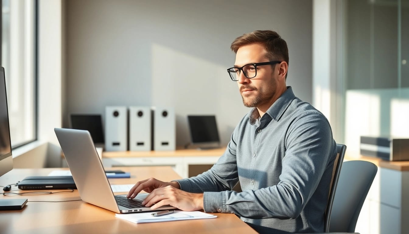 Headhunter IT analysiert Bewerbungen vor einem modernen Büro.