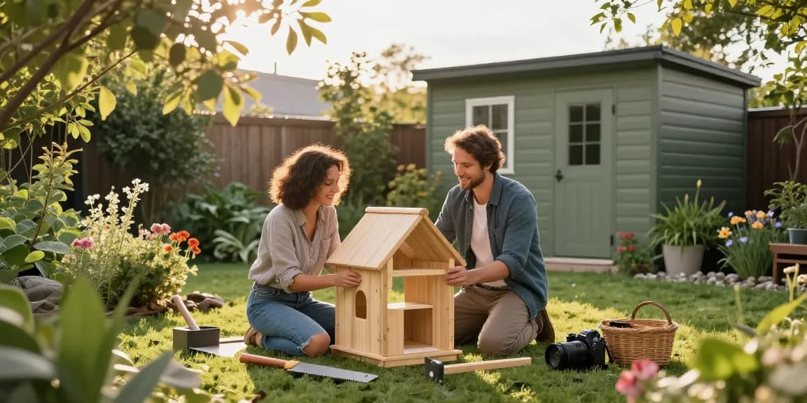 Gartenhaus kaufen: Paar beim Aufbau eines Holz-Gartenhauses im sonnigen Garten.