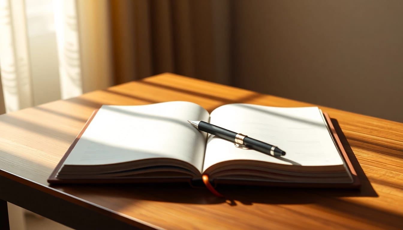 Digitales Journal zeigt auf inspirierenden Ideen mit einem offenen Buch auf einem modernen Schreibtisch.