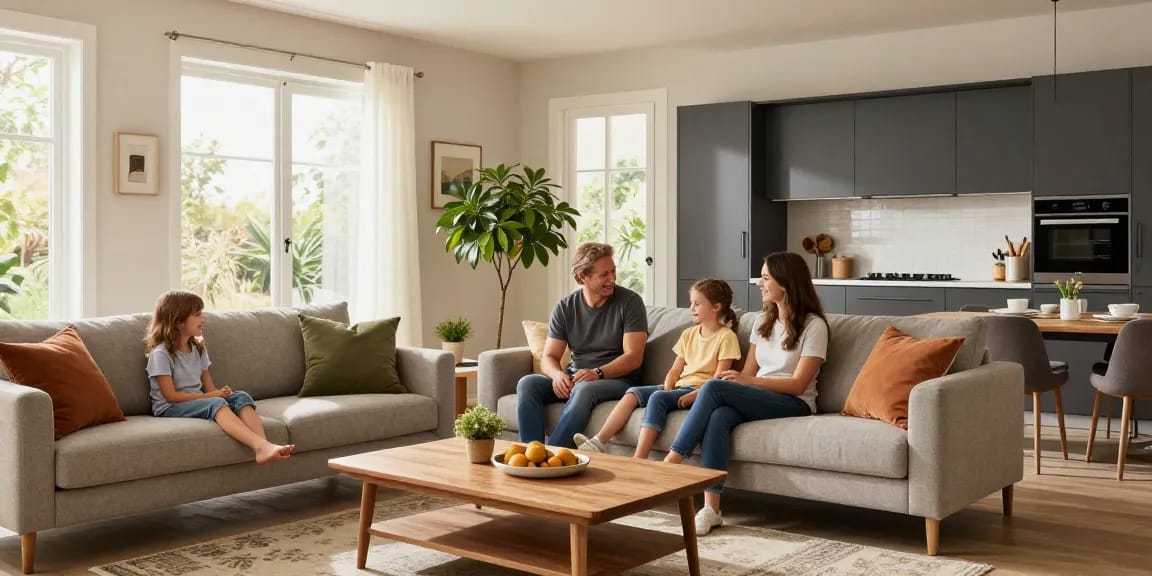 Stilvolles Familienwohnzimmer mit modernen Möbeln; entdecke möbel mit lieferung kaufen für deinen Raum.