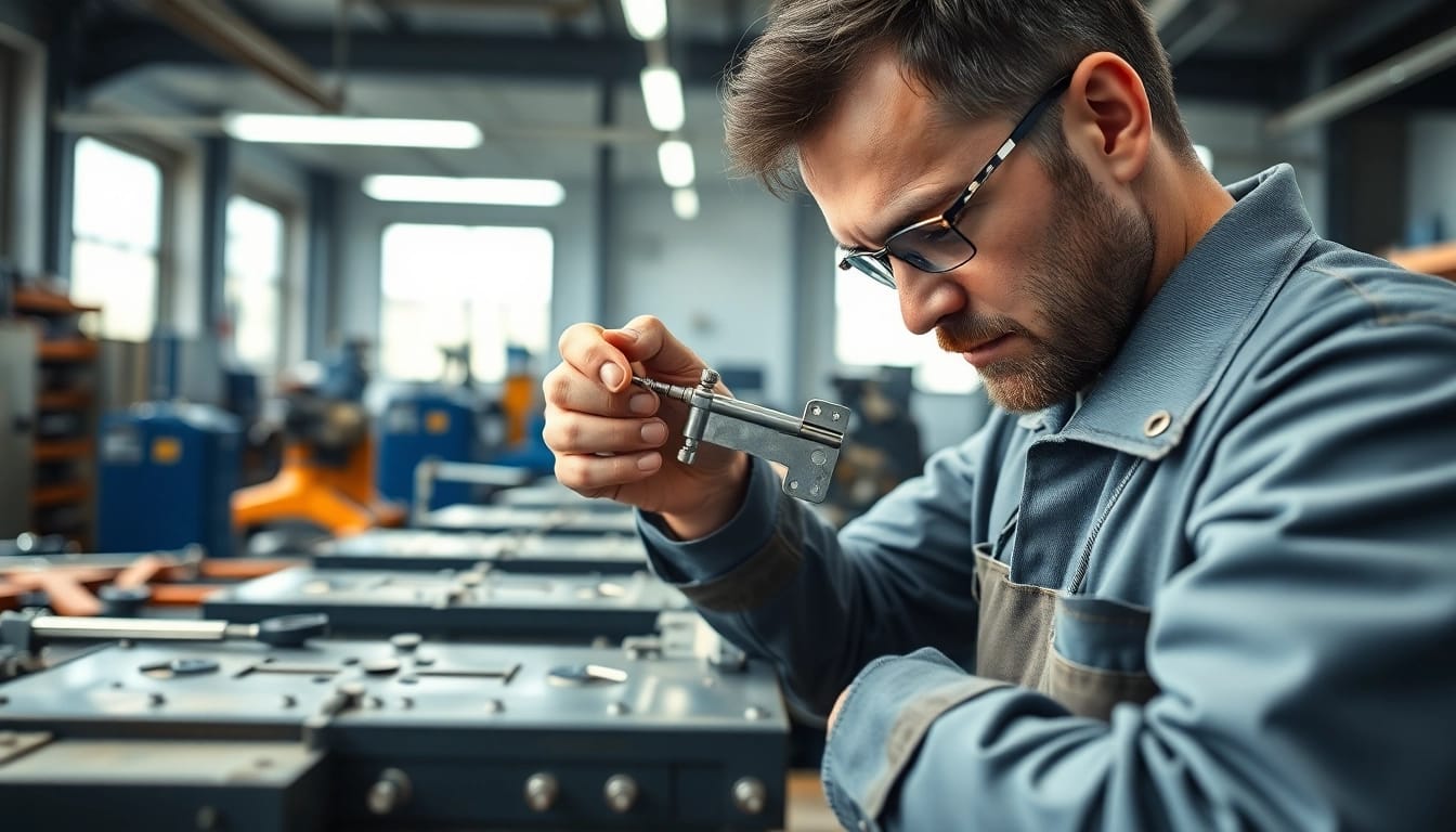 Hinge Supplier assembling robust metal hinges in a professional workshop setting.
