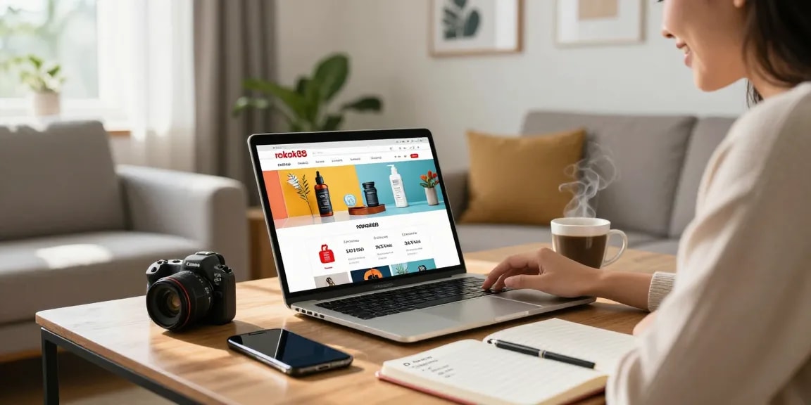 Engaging rokok88 login experience shown in a cozy living room during online shopping.