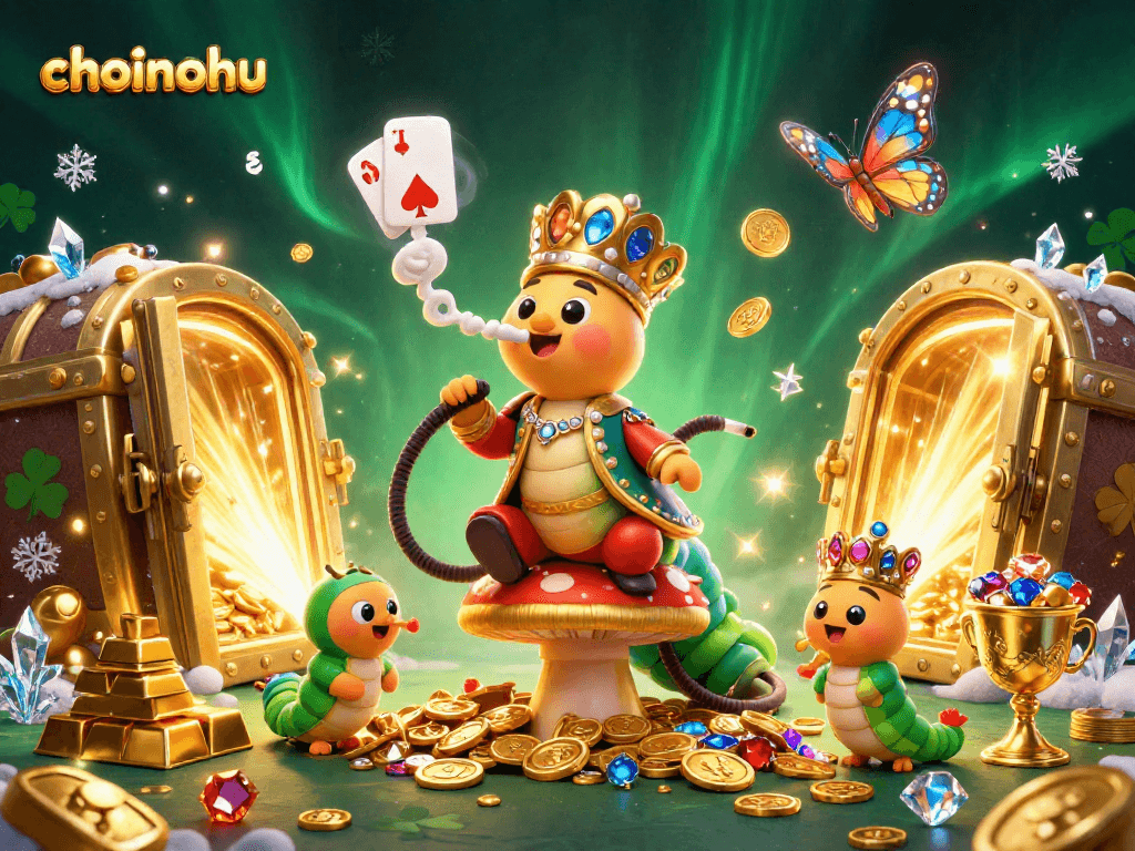 Engage with choinohu's vibrant casino experience featuring a whimsical caterpillar master amidst jewels and golden treasures.