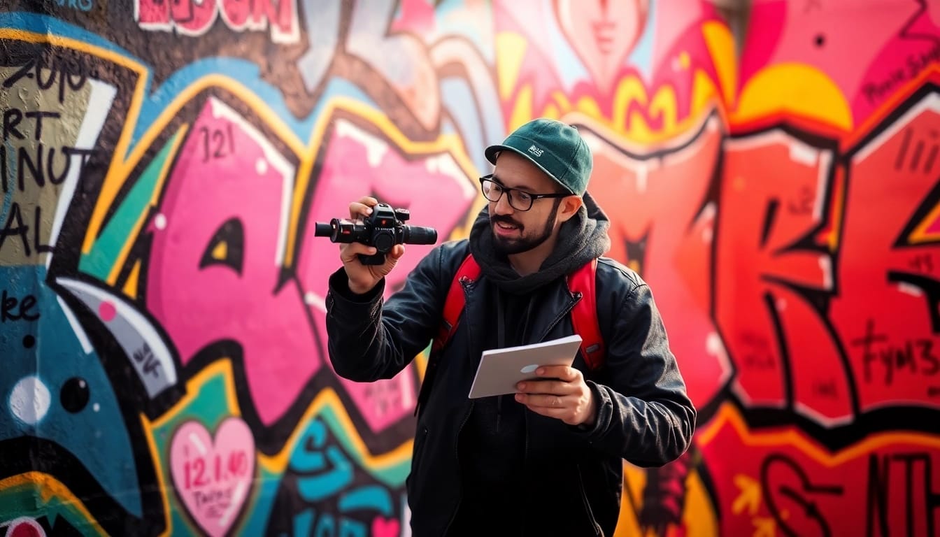 Graffiti Düsseldorf: Kreativer Graffiti-Künstler mit bunten Wandmalereien und Sprühdosen in einer urbanen Umgebung.