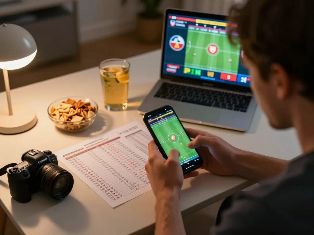 Engaging in sports betting on mk8th app, showing smartphone with match odds and lively home atmosphere.