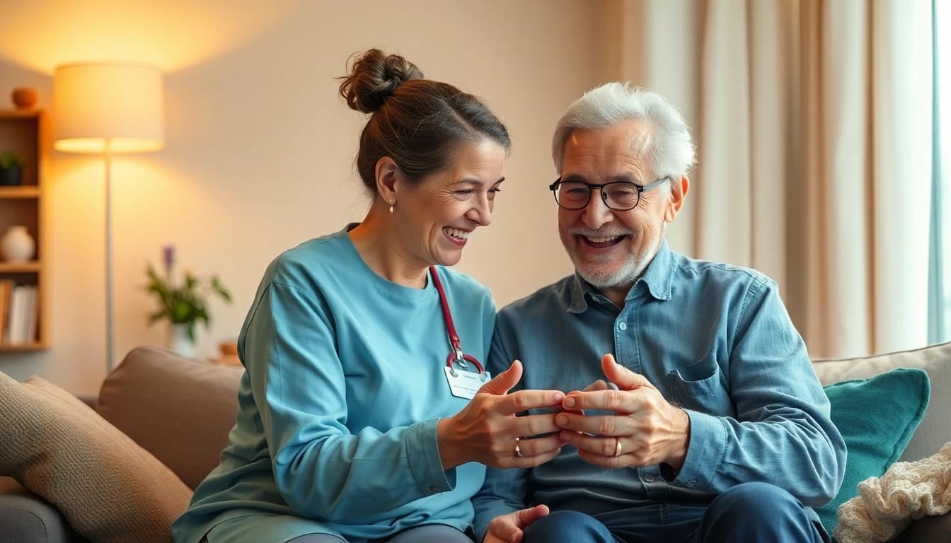 Pflegedienst-Mitarbeiter interagiert warmherzig mit einem älteren Patienten im gemütlichen Wohnzimmer.