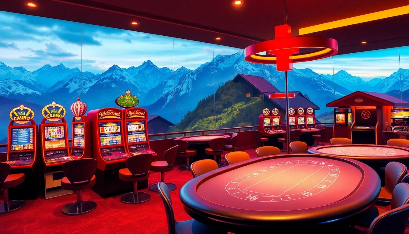 Playing exciting games at an online casino schweiz, showcasing slots and live tables against a Swiss backdrop.