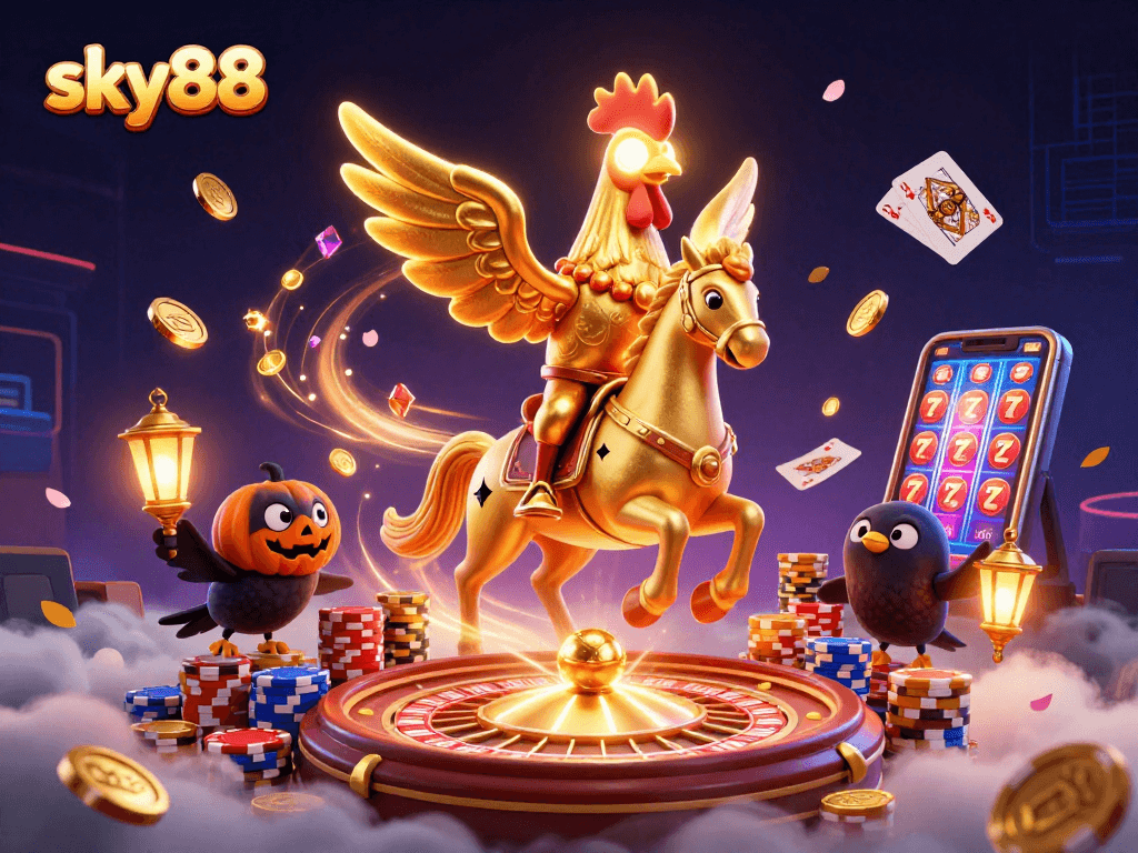 Engage in thrilling casino excitement at sky88 with a golden rooster riding through a dynamic midnight casino.
