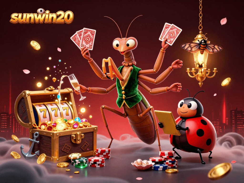 Experience thrilling gameplay with sunwin20 as a giant praying mantis card sharp and ladybug pit boss navigate the casino.