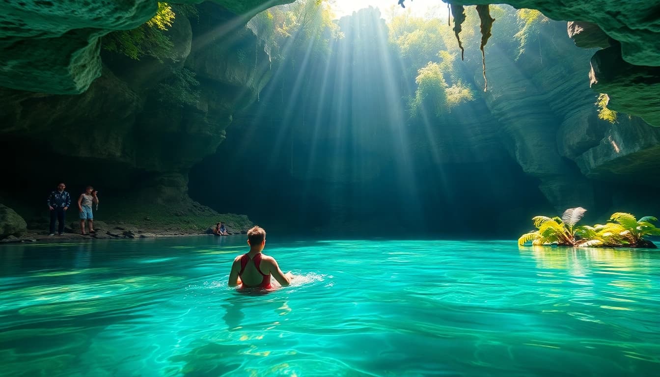 Tauchen Cenotes: Taucher erkundet die atemberaubenden Höhlenlandschaften unter Wasser.