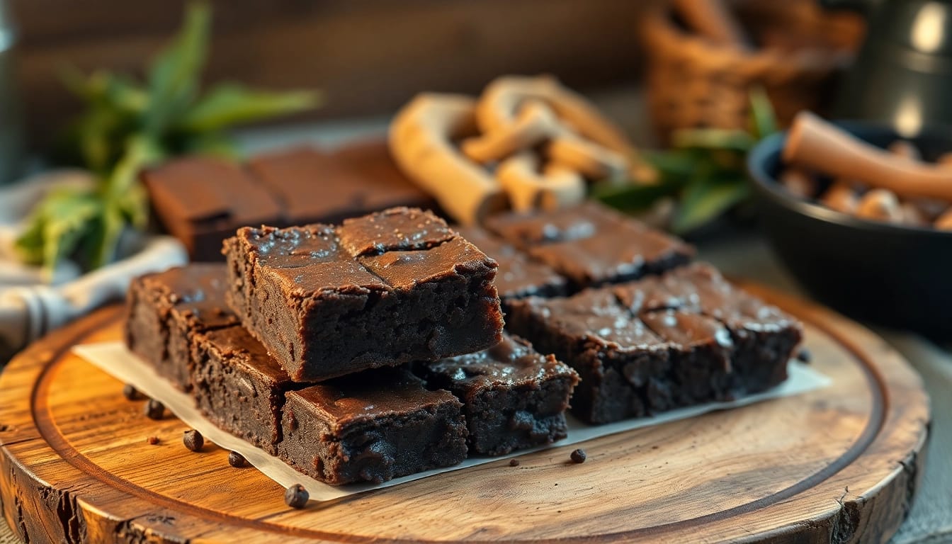 Genießen Sie die köstlichen thc brownies, die auf einem rustikalen Holzbrett präsentiert werden, ideal für süße Momente.
