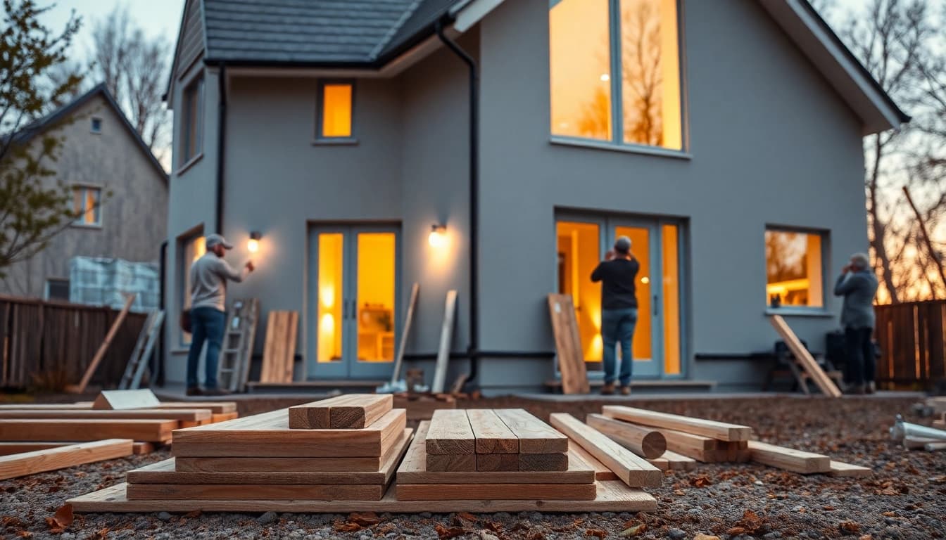 Handwerker bei der Hausrenovierung: Ein modernes Haus wird sorgfältig erneuert und strahlt Frische und Kreativität aus.