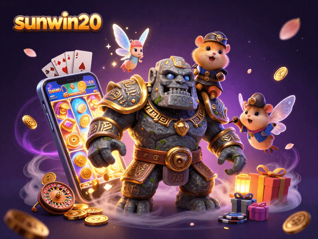 Spin the reels with sunwin20 in this colorful 3D casino adventure illustration featuring exciting characters and game elements.