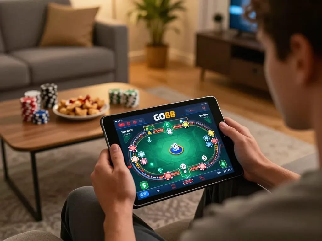 Engaging with GO88's online gaming on a tablet in a cozy living room setting