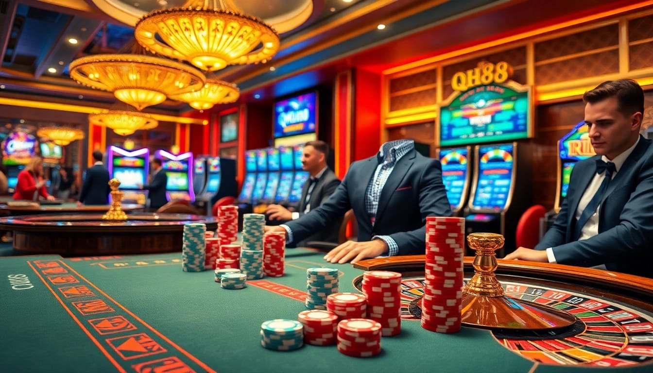 Experience the thrill of live gaming at qh88 with a vibrant casino scene showcasing poker chips, a roulette wheel, and professional dealers.