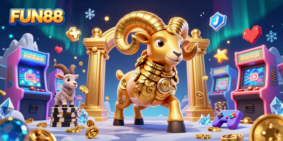 FUN88 presents an engaging scene where a massive golden ram charges past arcade games, showcasing vibrant casino excitement.