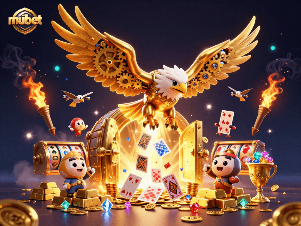 Mubet showcases thrilling games with a dazzling golden eagle amid treasure and cards