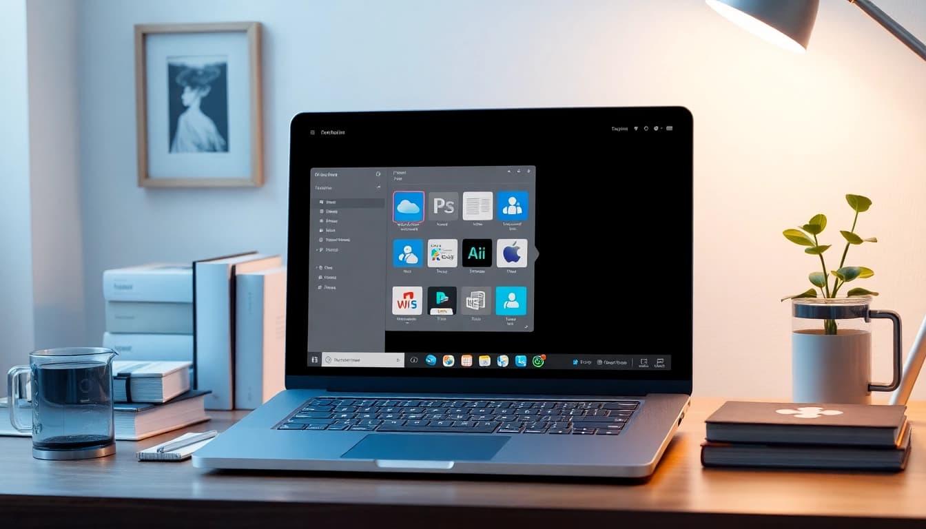 Entdecken Sie die Benutzeroberfläche von Office für macOS 26 Tohoe auf einem eleganten Laptop in einem modernen Büro.
