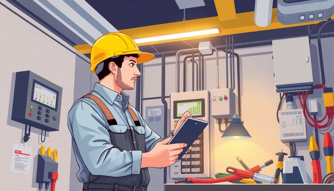 Electrician conducting a DGUV V3 Prüfung on electrical systems, ensuring workplace safety and compliance.