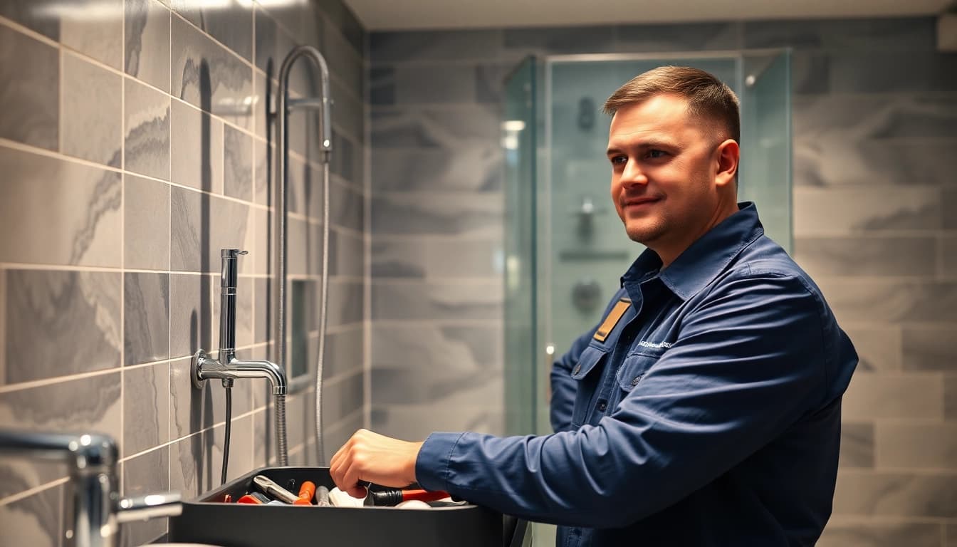 Professioneller Sanitär Notdienst-Techniker bei Reparaturarbeiten im Badezimmer.