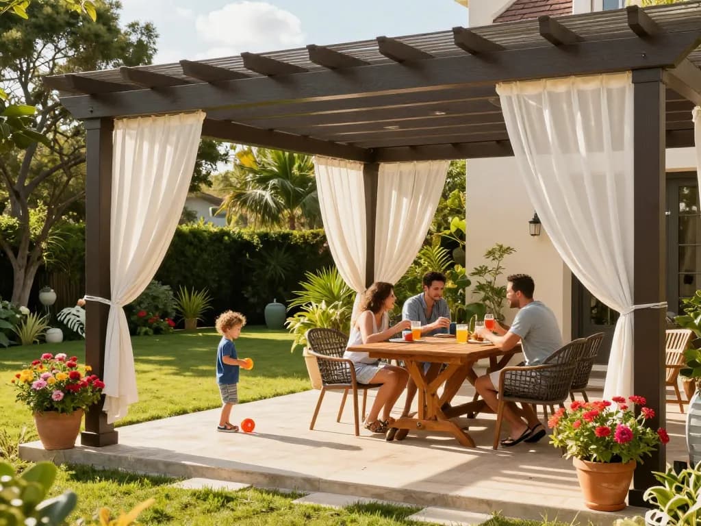 Terrassenüberdachung, die den Außenbereich aufwertet, Familie, die unter einer stilvollen Pergola im wunderschön gestalteten Garten Qualitätszeit verbringt.