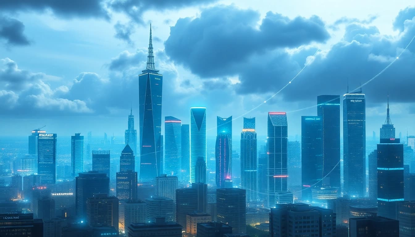 Visualisierung des Web-Rangs mit futuristischen Datenströmen in einer modernen Stadtlandschaft.