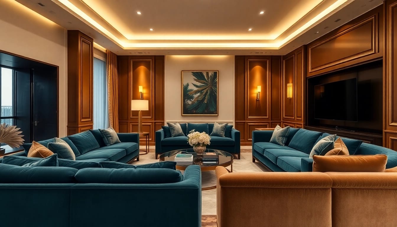 Experience Luxury through a sumptuous living room adorned with velvet seating and elegant decor.
