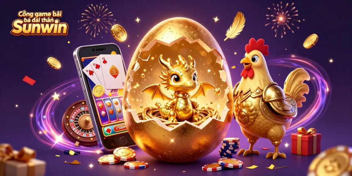 Cổng game bài đổi thưởng Sunwin showcases a golden dragon and poker chips in a festive casino scene.