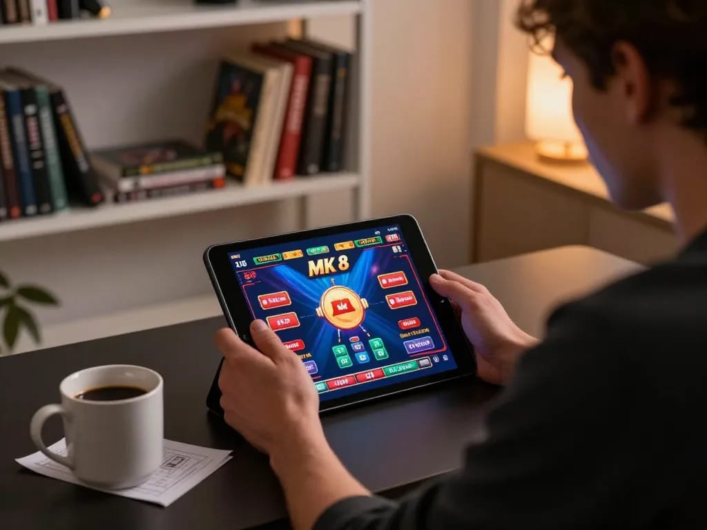 Engaging in mk 8 online casino gaming with vibrant tablet display and betting notes.