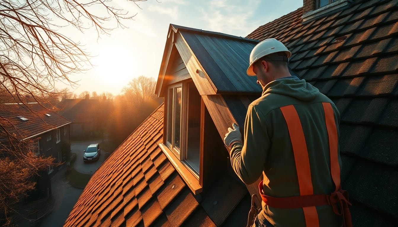 Dachdecker in Münster bei der Reparatur eines Daches unter sanftem Sonnenlicht.