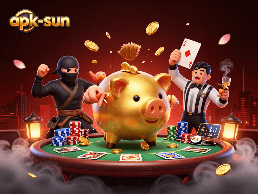 Experience thrilling action at apk-sun as the golden piggy bank sumo wrestler stomps on poker chips!