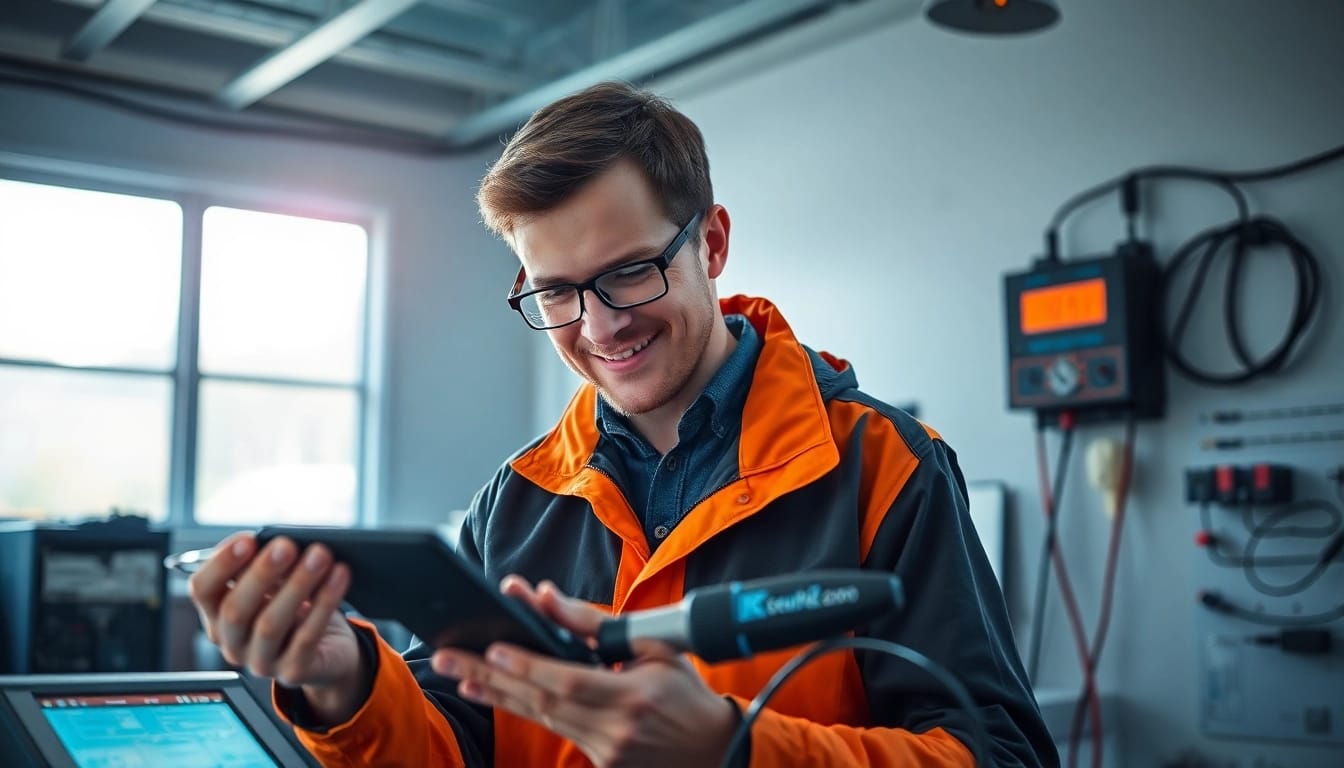 Techniker führt eine DGUV V3 Prüfung an elektrischen Geräten durch und sorgt für Sicherheit am Arbeitsplatz.