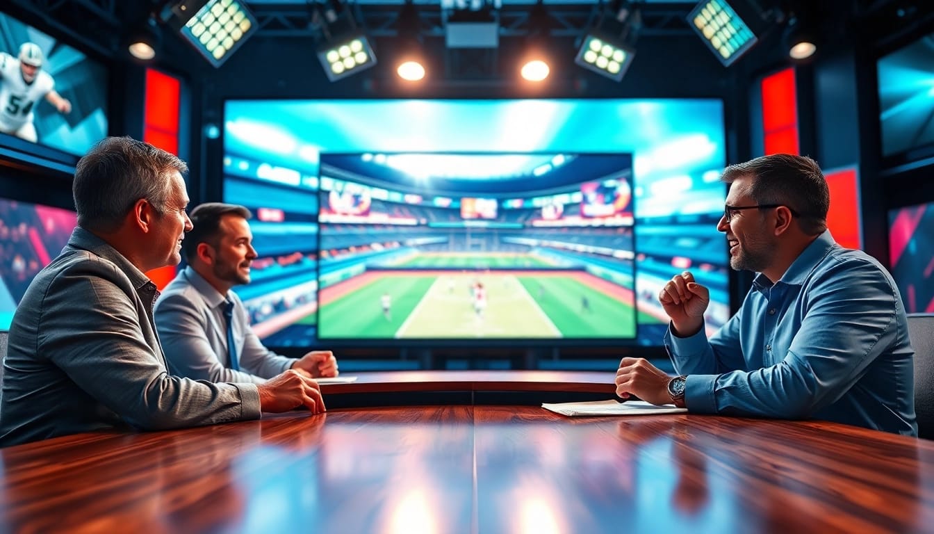 Hosts actively discuss Sports Broadcasting in a vibrant studio setting.