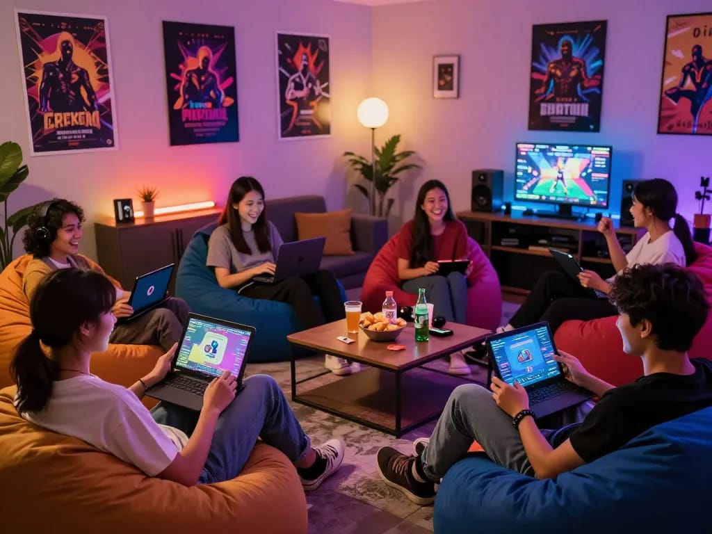 Engaged players enjoying a sex game online in a vibrant gaming lounge.