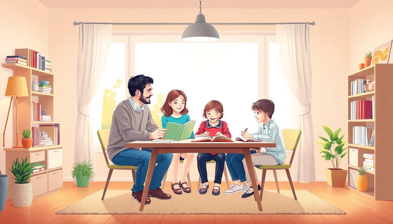 Familie, die engagierten Heimunterricht gibt, um eine liebevolle Lernumgebung zu schaffen.