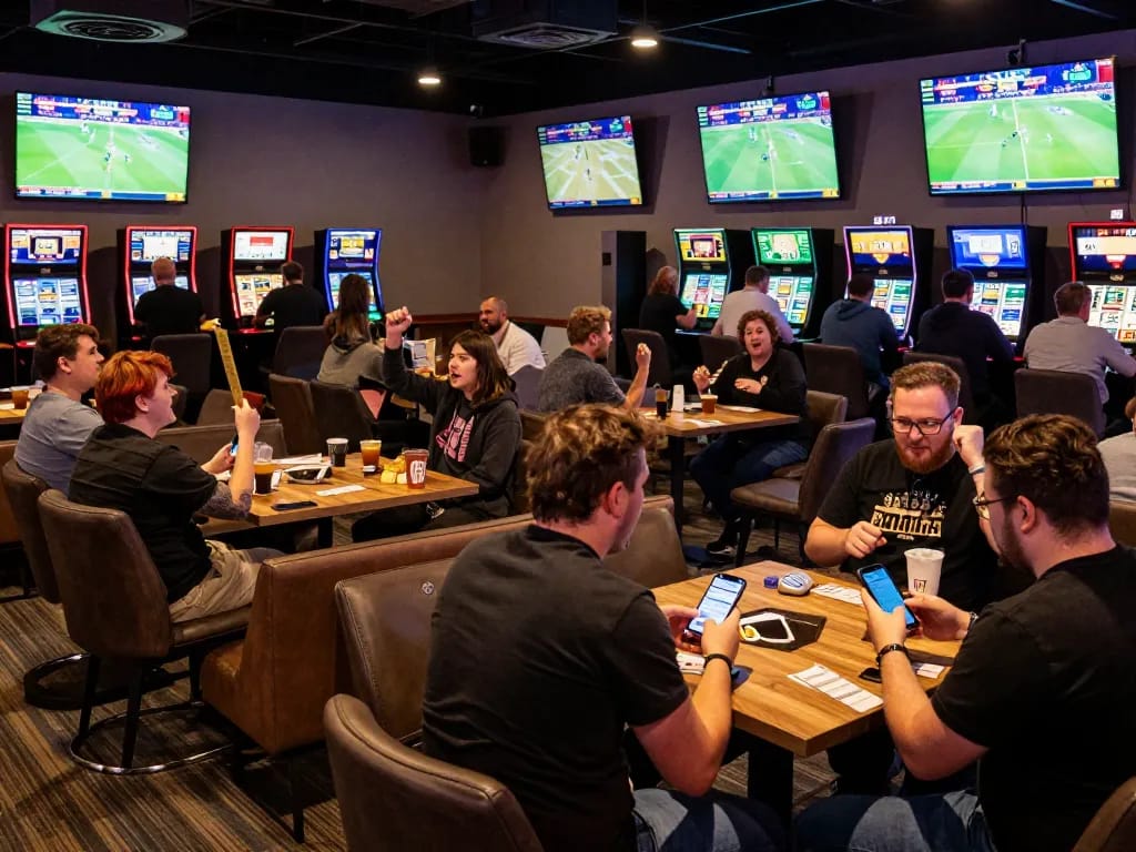 Fans engaged in sports betting excitement at Bsport's lively lounge with screens displaying odds