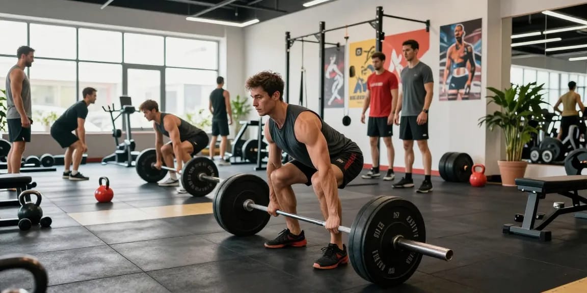Erleben Sie die Energie von Steroidshop durch eine dynamische Trainingsszene im Fitnessstudio mit ernsthaften Athleten in Aktion.