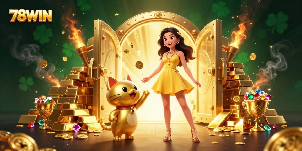 A cheerful Asian woman interacts with a lucky cat at 78WIN, surrounded by sparkling casino treasures.