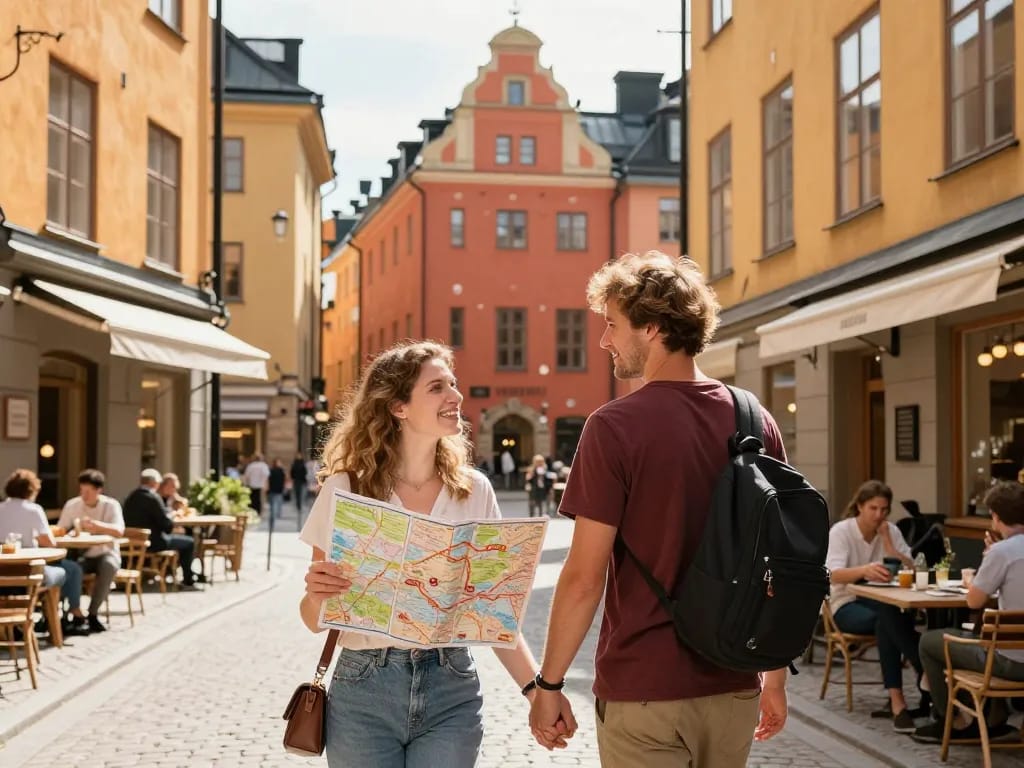 Reisetipps Stockholm: Paar erkundet Gamla Stan mit einer Karte, bunten Gebäuden und einem gemütlichen Café.