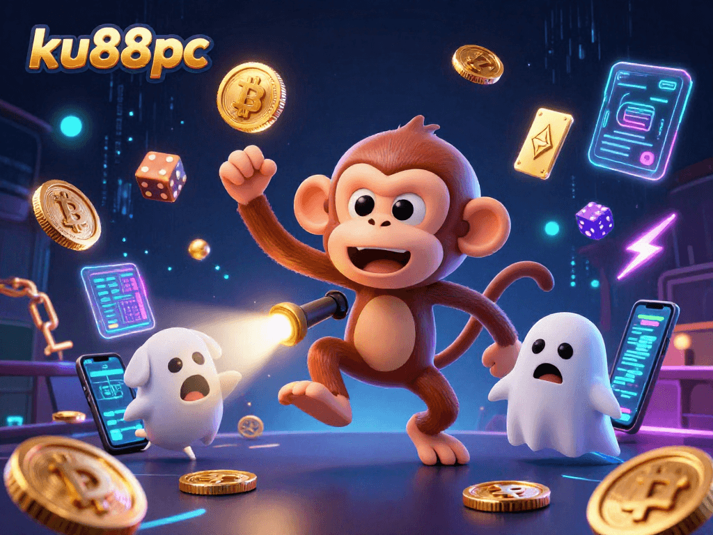 ku88pc showcases a vibrant scene of a mischievous poltergeist monkey juggling golden coins while a ghost-hunter puppy tracks it in a spooky casino atmosphere.