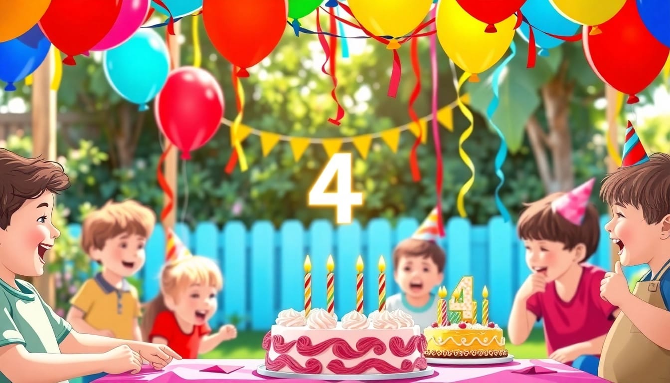 Kindergeburtstag 4 Jahre mit bunten Ballons und fröhlichen Kindern beim Spielen.