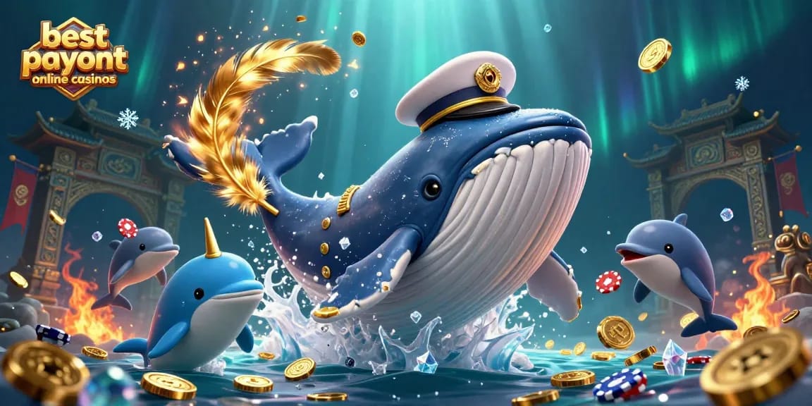 Engage with the best payout online casinos featuring a whale, narwhal, and dolphins in a dynamic sea of coins.