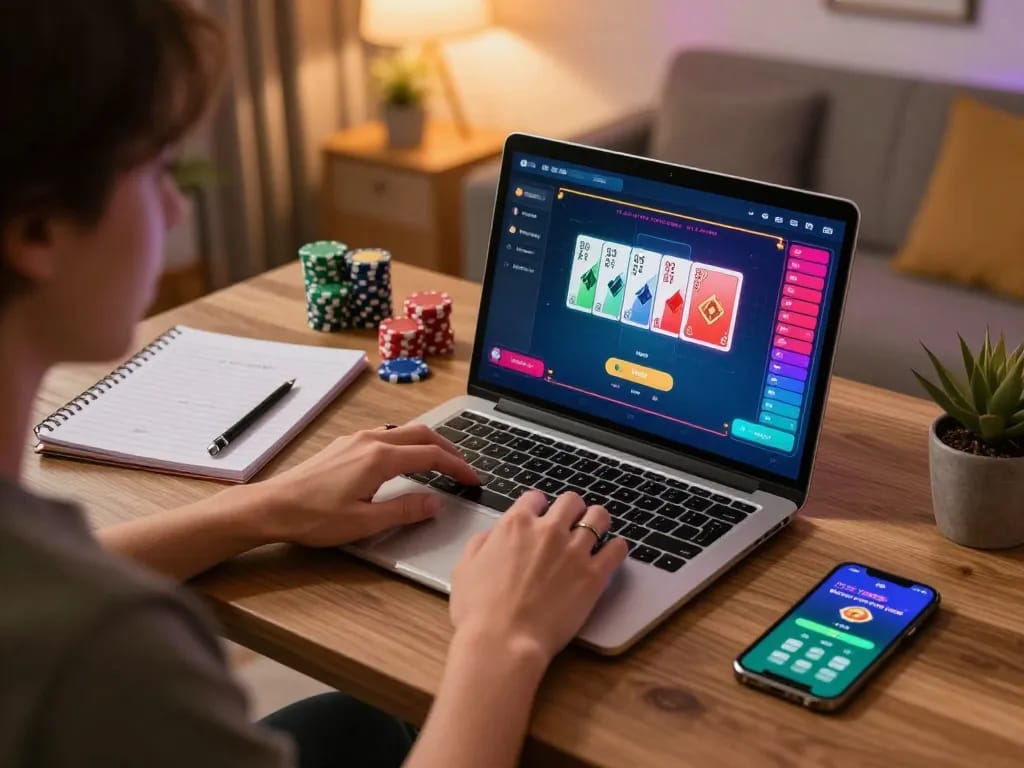 Fabet player strategizing on poker game with laptop and smartphone in a cozy workspace