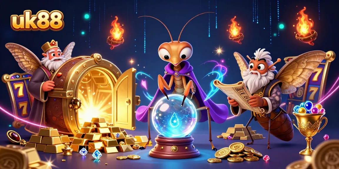 Exciting uk88 slot experience with a mystical fortune teller, gold treasures, and vibrant casino elements