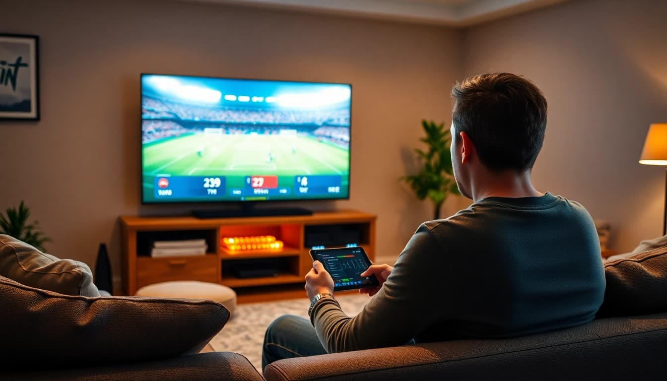 Wettspieler platziert aufregende sportwetten ohne limit im modernen Wohnzimmer.