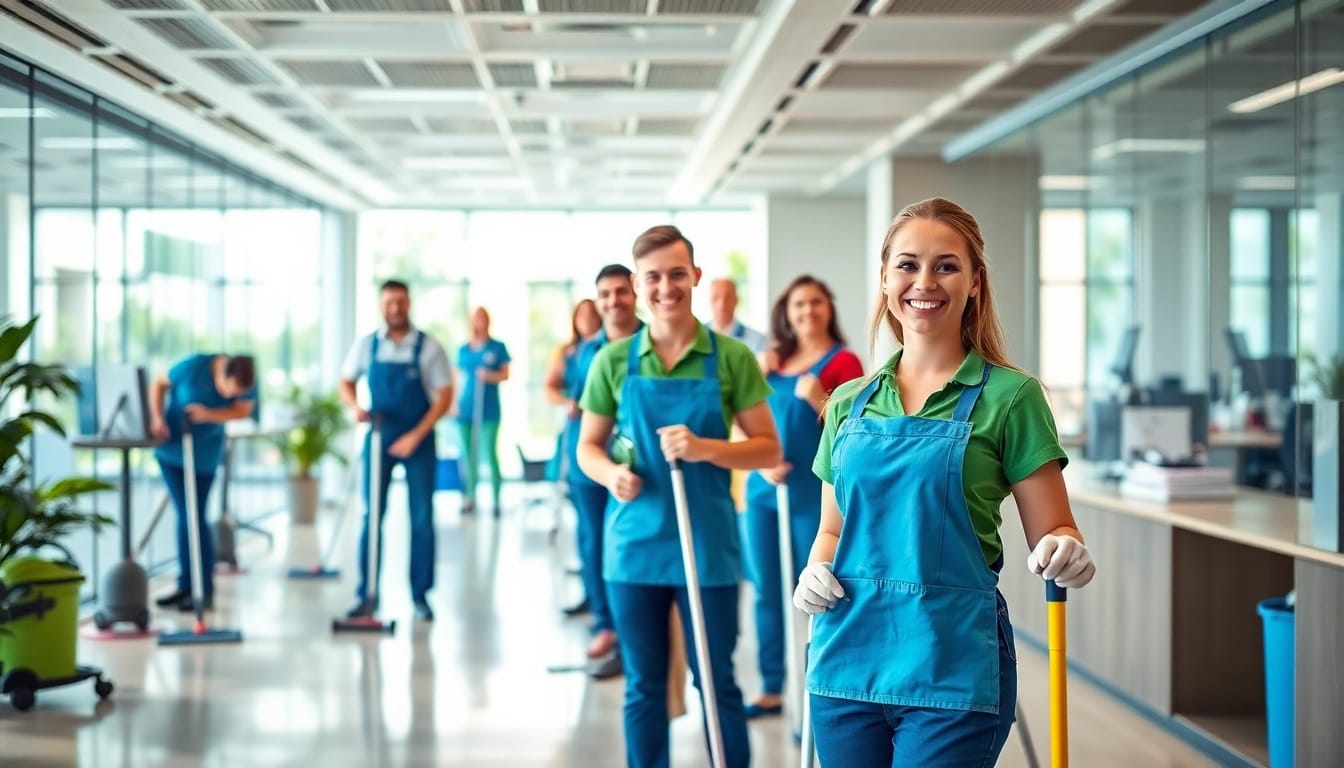 Efficient Gebäudereinigung Ulm durch ein professionelles Reinigungsteam in einem modernen Büro.