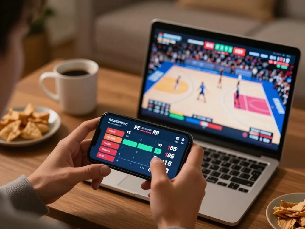 Engaging online sports betting at home, using smartphone for live bets on basketball game, showcasing sc 88 action