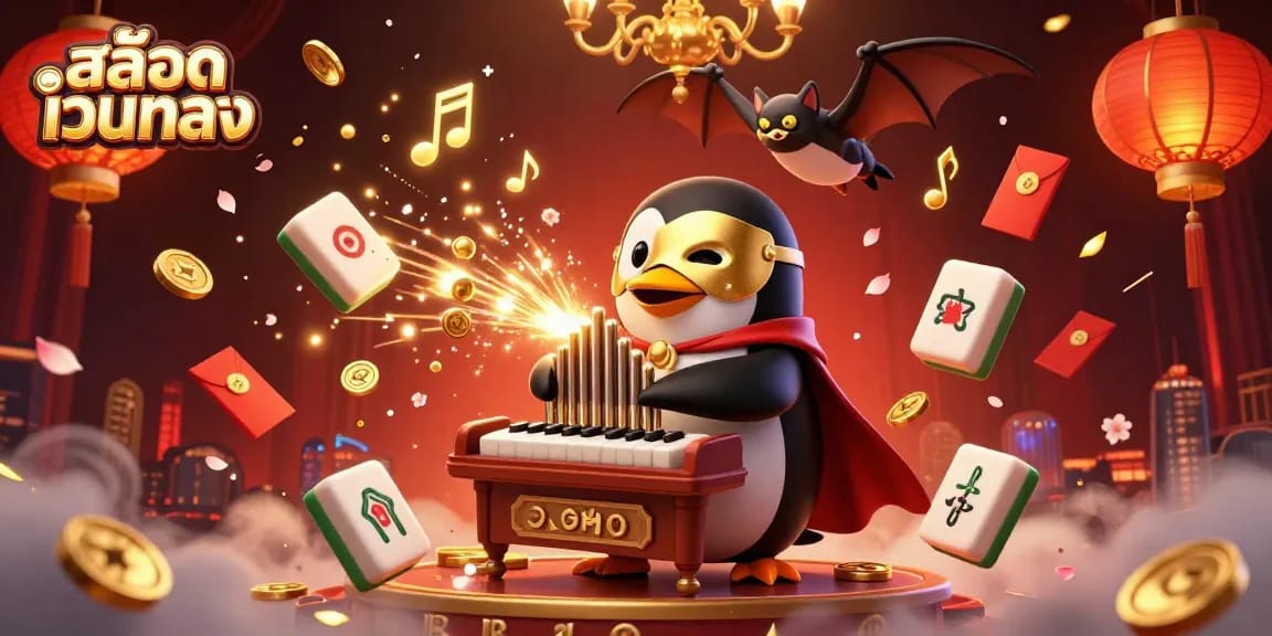 Experience the thrill of สล็อตเว็บตรง with a 3D phantom penguin and golden coins in a vibrant atmosphere.