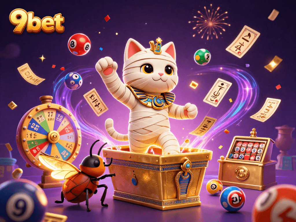 Engage in thrilling gameplay at 9bet with a dynamic casino scene featuring colorful lottery elements.