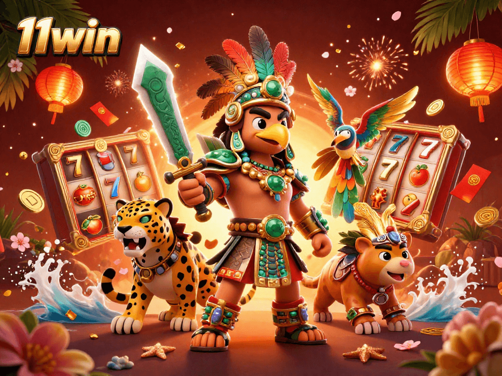 Engage with exciting 11win slots in a vibrant and dynamic gaming scene featuring colorful characters and casino elements.
